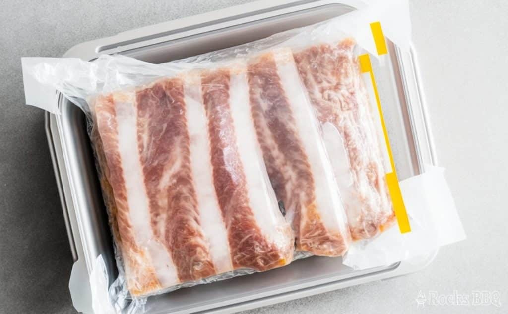 pork ribs in a vacuum sealer bag on a kitchen prep platter