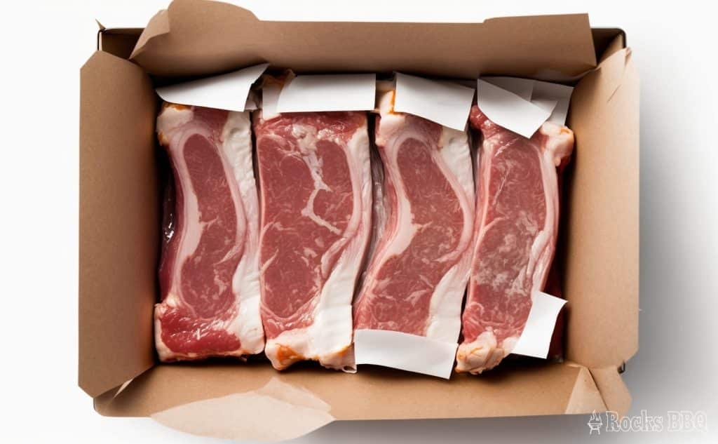uncooked, raw beef and pork ribs in a butcher package on a white background